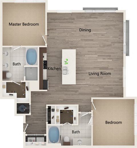 Floor plan for 2 beds, 2 baths, 1373 sqft